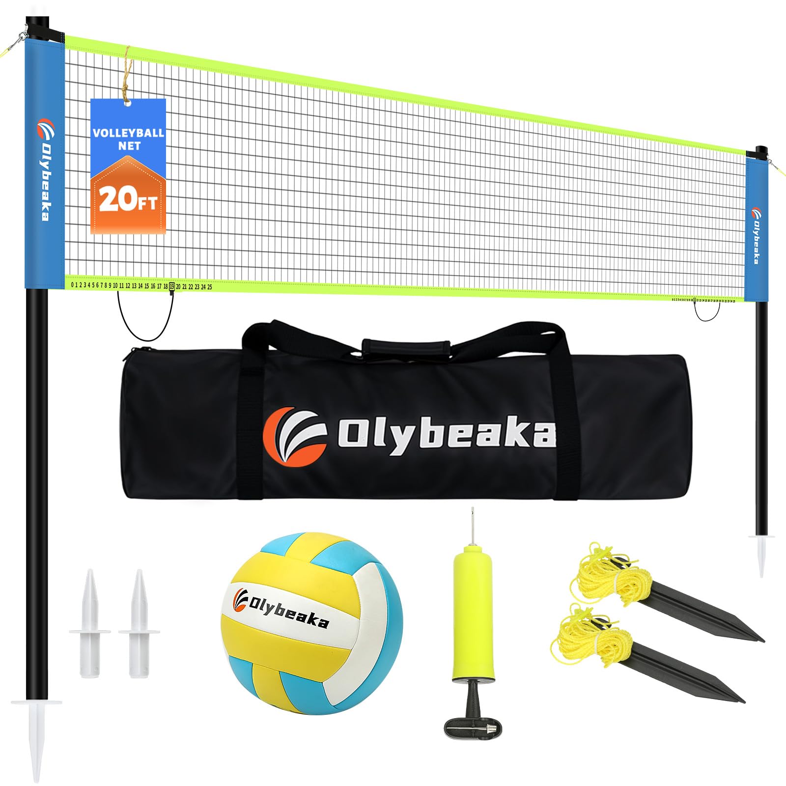 Photo 1 of 20FT Outdoor Volleyball Net Set System for Backyard Beach with Anti-Sagging Net, Iron Adjustable Height Poles, Soft PU Volleyball and Pump, Carry Bag - Instant Set Up & Durable (Blue and Green)