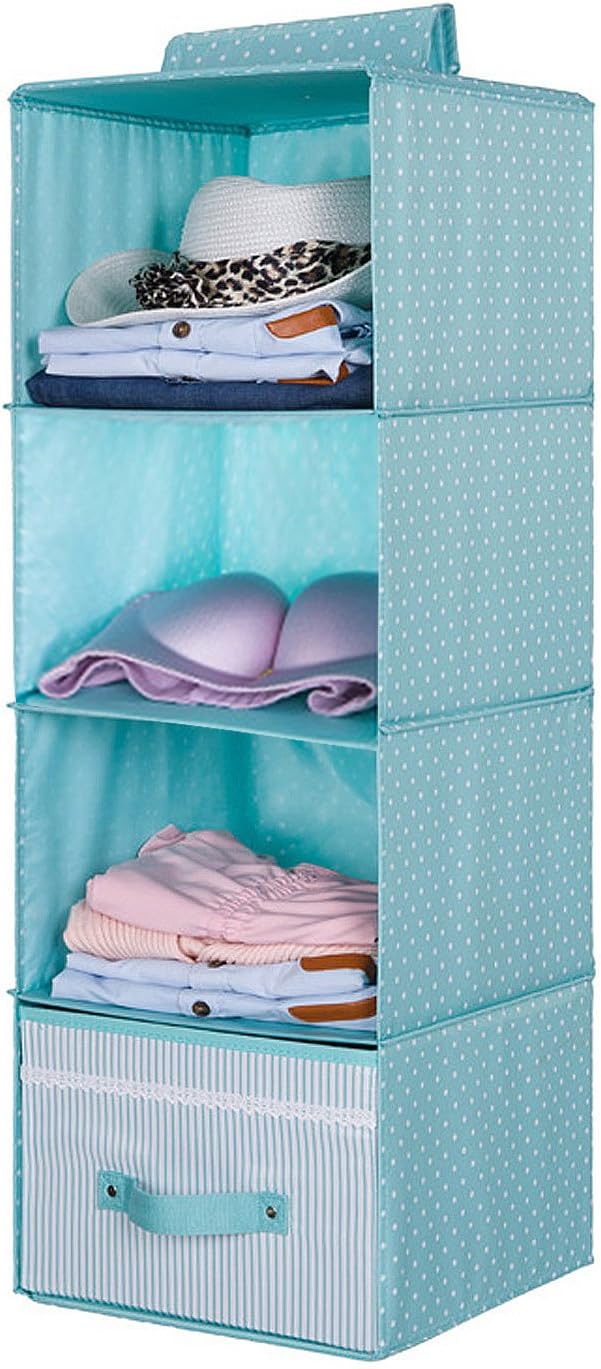 Hanging Wardrobe Accessories Organizer Storage Shelves 4 shelf Hanging Closet Organiser with 1 Drawer, 4 Tier with Drawer,Shoe Rack,Suit for Clothes, Sweaters,Ultra-Thick Wooden Board Inside,Durable Storage Rack (Mint Green)