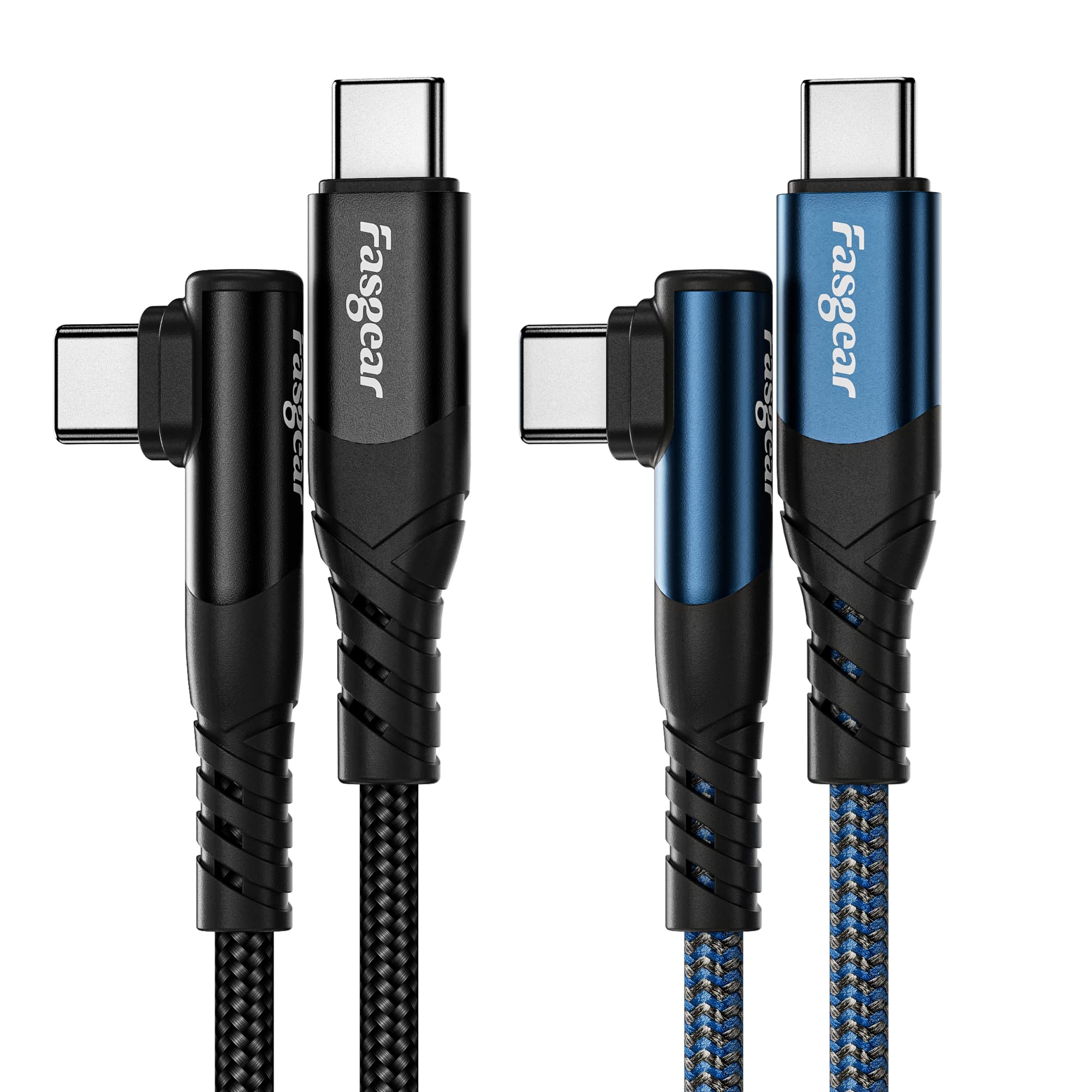Fasgear USB C to USB C cable, 2 Pack 1.8m 60W Type C to Type C Right Angle 90 Degree, PD Fast Charging Charger Lead Compatible for Galaxy S22 S21 Mac-Book i-Pad Pro (6ft, Black&Blue)