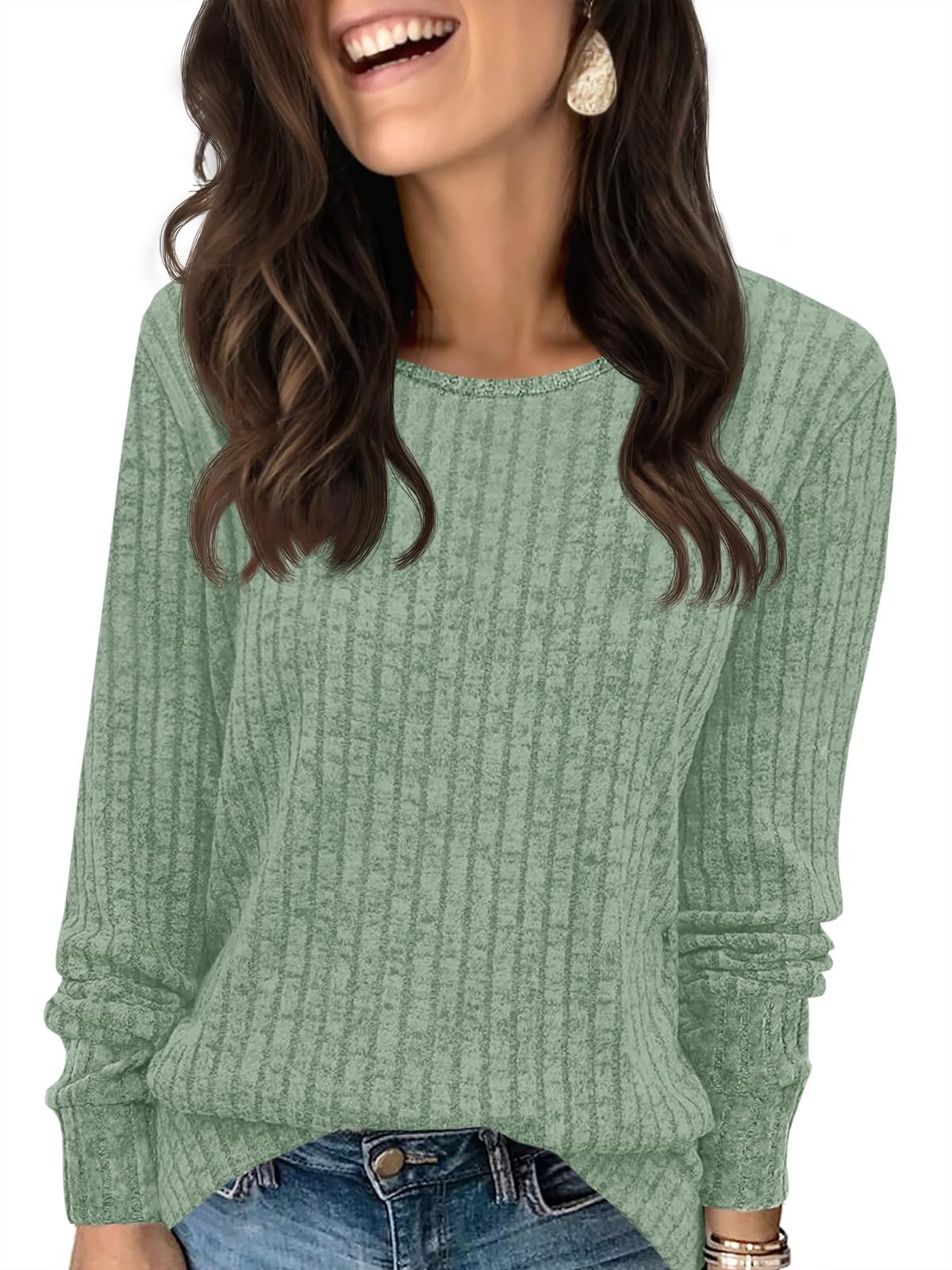 Fisoew Pullover Women's Long-Sleeved Shirt Lightweight Crew Neck Casual Knitted Jumper Top Loose Fit Jumper Sweatshirt