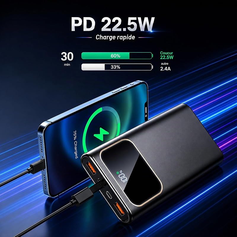 2026 Batterie Externe, 10000mAh 22.5W Power Bank, Batterie Portable USB C Input & Output PD3.0 QC4.0,Charge Rapide Powerbank à Affichage LED pour iPhone Samsung et Autres téléphone（Noir） — photo 2 sur 7