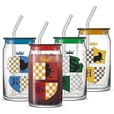JoyJolt Harry Potter House Crests Glass Tumblers with Lids and Straws, 16oz Glass Cups with Lids and Straws, Can Shaped Drinking Glasses Set of 4, Hogwarts Cup, Harry Potter Merchandise