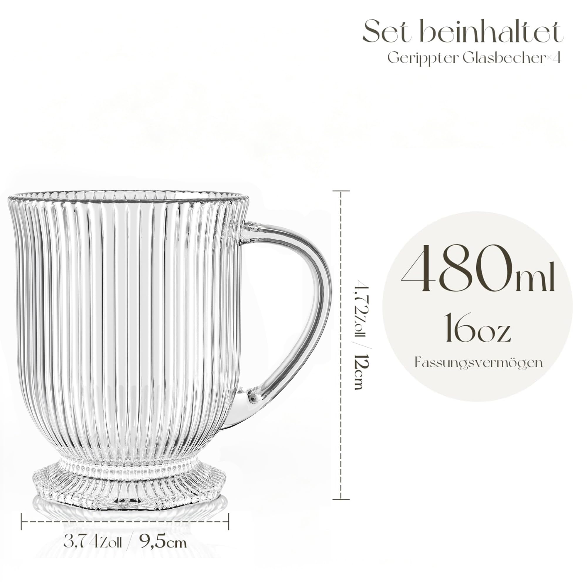 KEMORELA 4er-Set Glas Tassen 480ml mit Henkel, Irische Rillengläser für Heiße & Kalte Getränke, Spülmaschinengeeignet 3