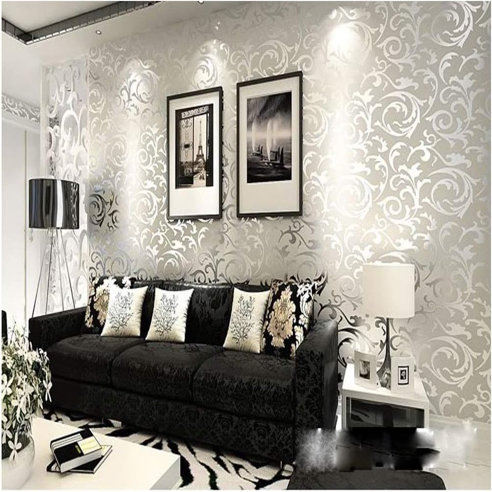 QIHANG High-Grade Flocking Victorian Damask/Embossed Wallpaper Roll Silver and Gray Color 0.53m10m=5.3sqm