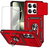 Yodueiv for Xiaomi 14T Case with Tempered Glass Screen Protector and Slide Camera Cover, Magnetic Ring Car Mount Holder Kickstand Protective Cover for Xiaomi 14T 5G Red