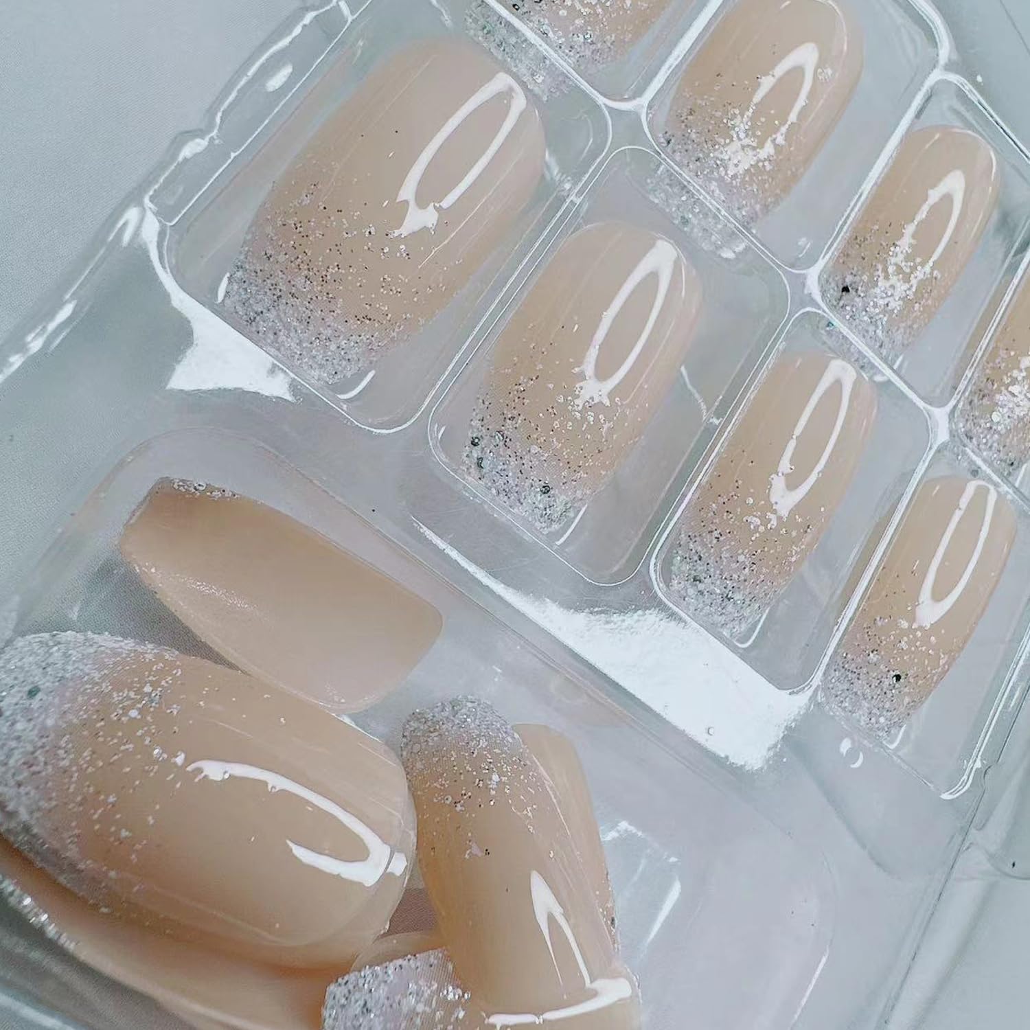 White Glitter French Tip Press On Nails - Medium Square Fake Nails with Glossy Gradient Design, Silver Glitter Sparkly Design, Reusable Stick On Nails, 24 Pcs - Image 5