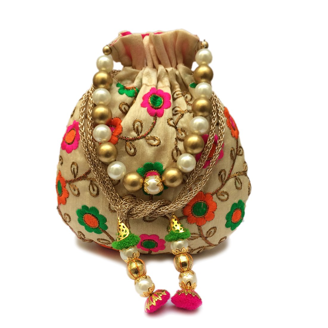 shubh shagun women's silk thread embroidered flower design rajasthani ethnic potli, medium(multicolour)