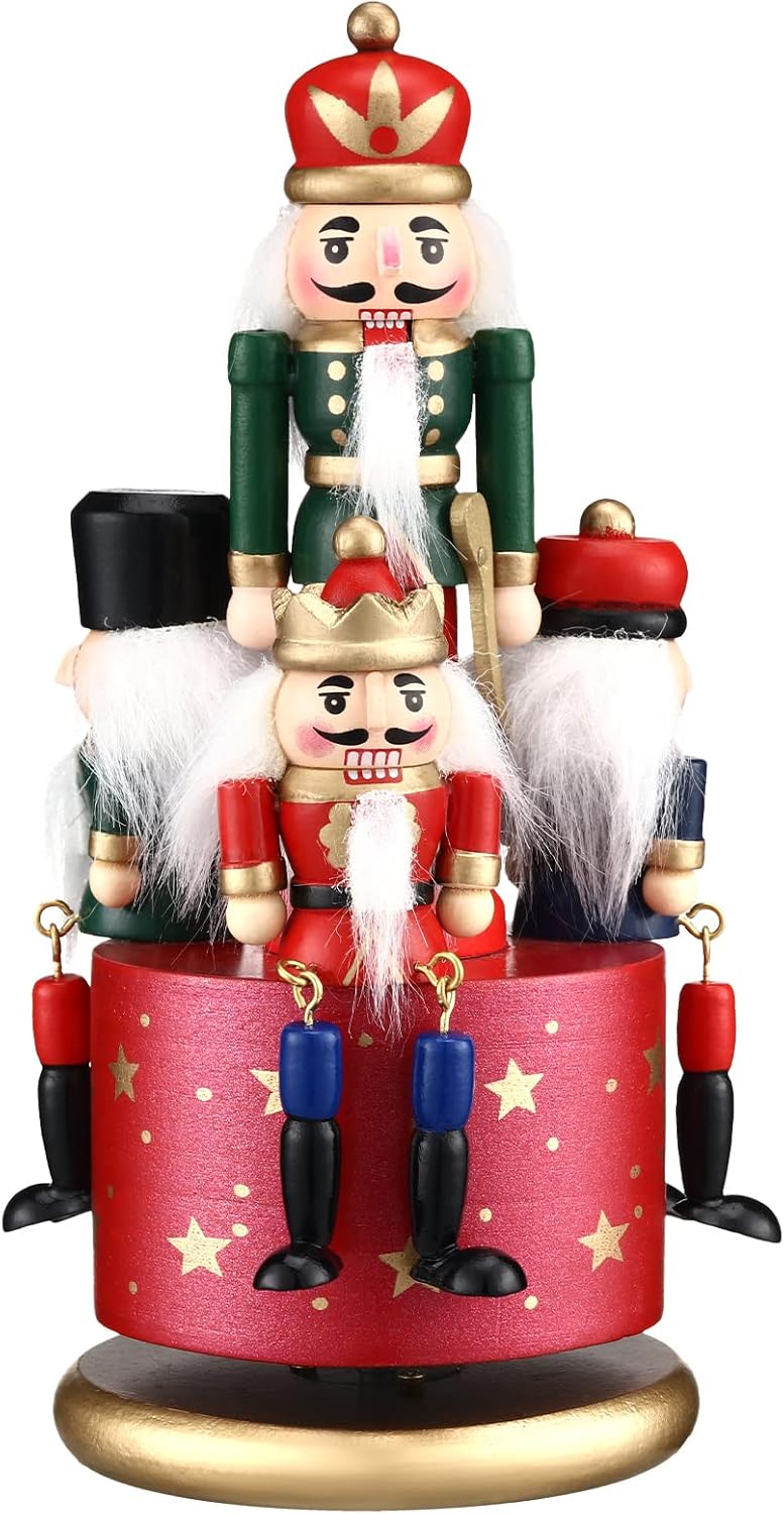 Nutcrackers - Nutcracker Music Box Wooden Nutcracker Soldier Toy Handmade Nutcracker Figures Christmas Nutcrackers 4 Soldiers Wind up Musical Box Clockwork Christmas Music Box for Gift Home Decor Ornaments (Red)