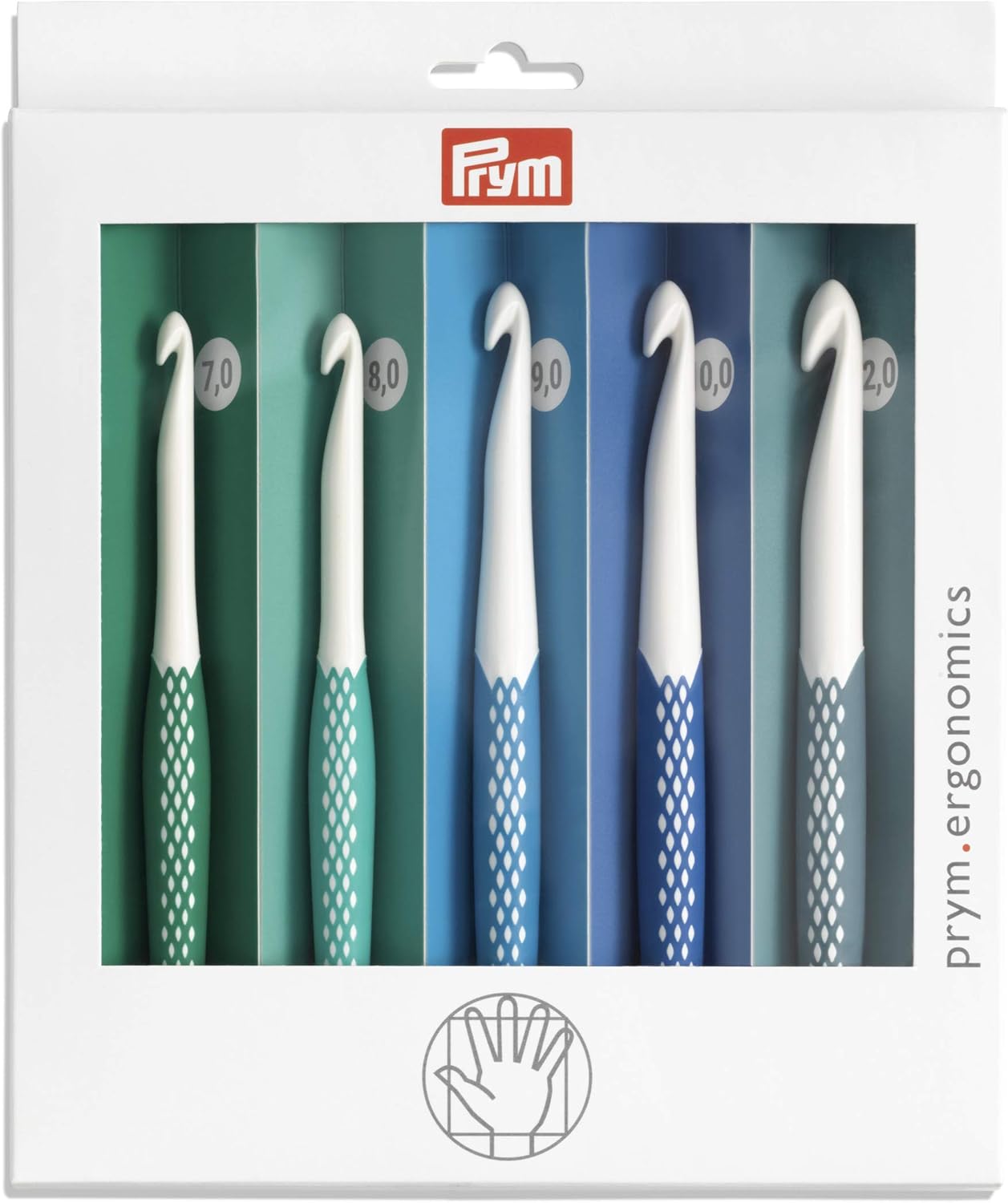 Prym 218441 Wollhäkelnadel Set 7,0-12,0 mm, prym.ergonomics, ergonomischer Griff, mehrfarbig, 7 mm - 12 mm