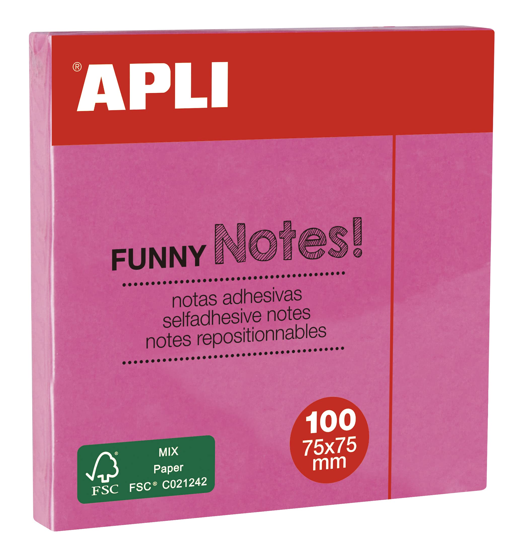 Apli 75 x 75 mm Self Adhesive Repositionable Notes - Neon/Pink (Pack of 1)