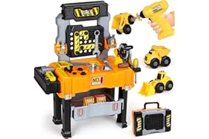Lehoo Castle Kids Tool Bench with Electric Drill and Construction Vehicles, 2-in-1 Workbench and Toolbox for Toddlers, STEM Learning Toys for Age 3-5, Birthday Gift for Boys & Girls