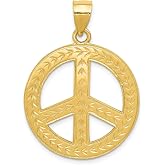 14k Yellow Gold Peace Sign Pendant, Laurel Leaf Symbol Charm | 32 x 25 mm charm, 40 mm with bail, polished finish, textured back