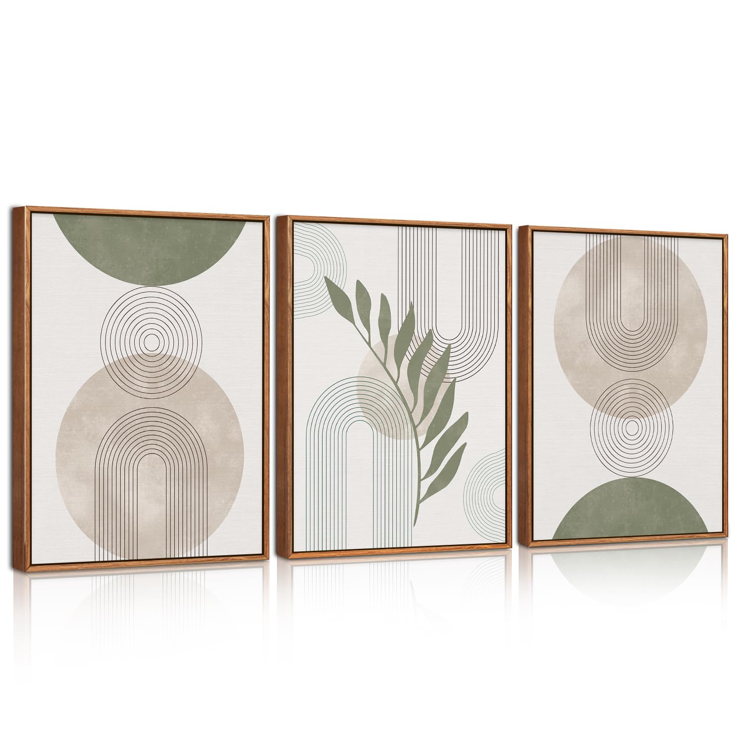 HPNIUB Sage Green Framed Canvas Prints Wall Art Set, Abstract Botanical Boho Wall Decor, Minimalist Geometric Line Leaf Canvas Artwork for Living Room, Bedroom, Dining Room, Office, Bathroom 30x40cm