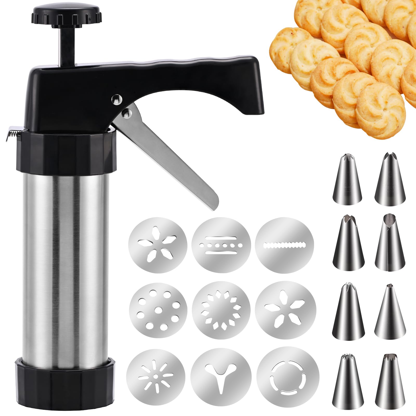 Photo 1 of Stainless Steel Cookies Press,Cookie Press Gun Kit with 13 Cookie Discs and 8 Piping Tips for DIY Christmas Cookies Maker
