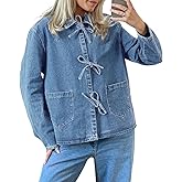 PLNOTME Womens Jean Jacket Tie Front Denim Shacket Tops Fall Fashion Long Sleeve Shirts Coat with Pockets