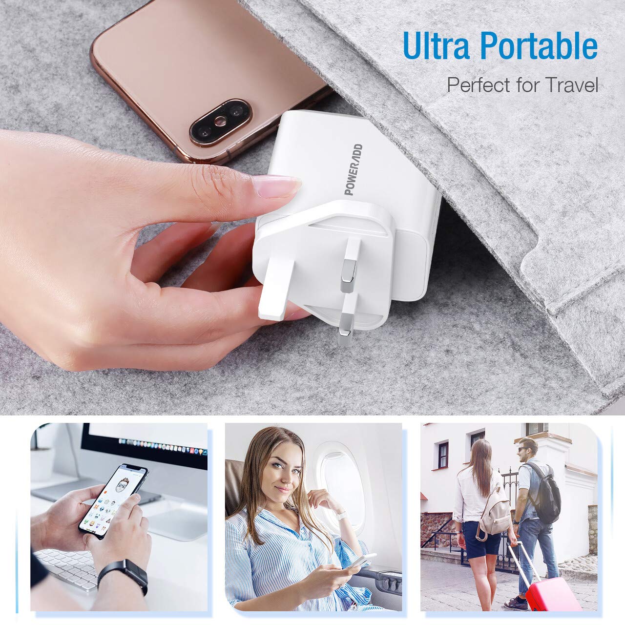 Poweradd 30W Main Charger, 3-Port USB Wall Charger, USB Plug Chargers Compatible with Apple iPhone 11 Pro/XS Max/XR/X/8/8 Plus, Galaxy, iPad and More - White