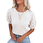 CFLHN Women's Short Sleeve Knit Tops Soft Puff Sleeve Lightweight Sweaters for Casual and Work