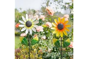 Venniy 2Pack Garden Wind Spinners,Metal Wind Sculptures Outdoor Windmill Flower Pinwheel Decorations for Yard Lawn Patio Decor(Yellow and White)