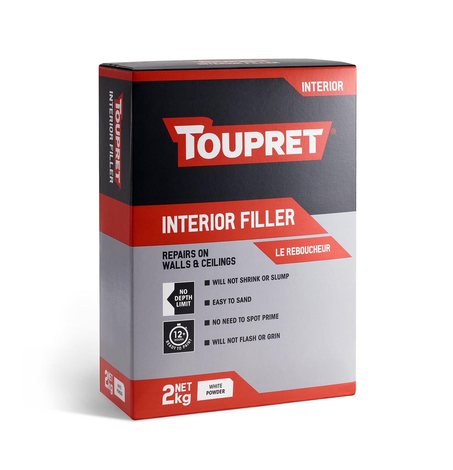 Toupret Interior Filler - Easy to Sand, No Shrink Crack Filler - Smooth Finish Wall Repair for Interior Surfaces - Professional Powder Filler - White - 2 kg