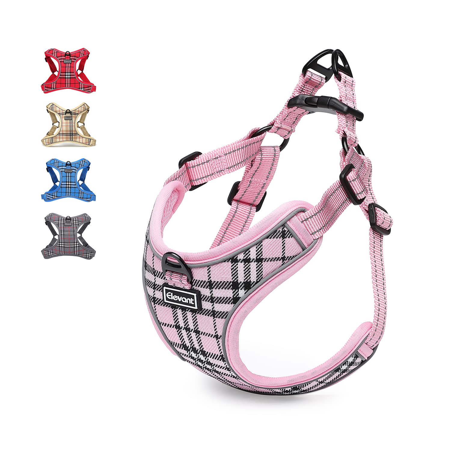 Elevant Dog Harness Adjustable, Step-in Reflective Breathable Harness, Soft Padded Lightweight Vest Harness with Front Clip Escape Proof Easy Control for Outdoor Walking Training (M, Pink Plaid)