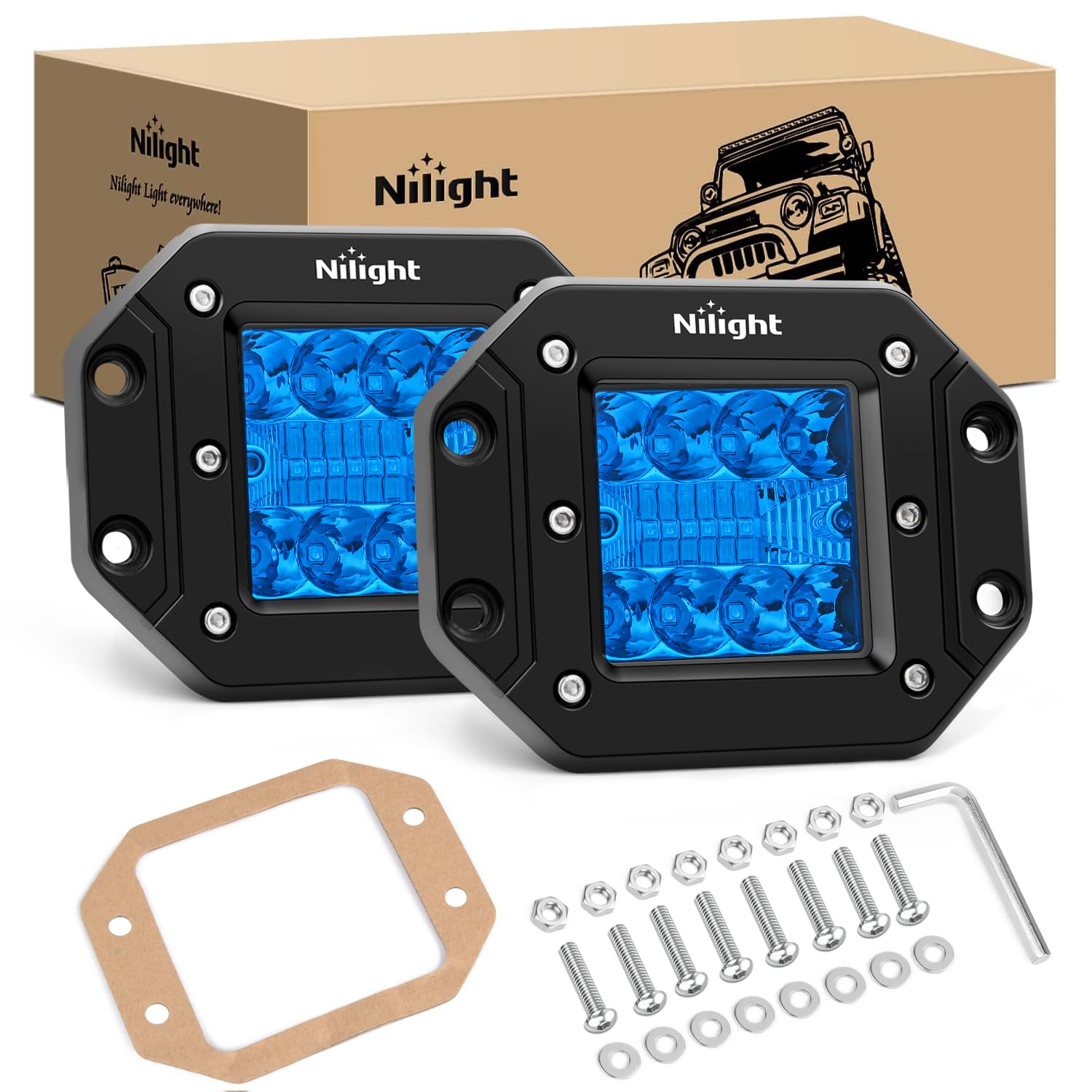Nilight Flush Mount LED Light Pods 2 PCS 42 W Blue Upgraded Spot Flood Combo Bumper Driving Fog Fishing Hunting Emergency Safety Signal Lighting for UTV Pickup Van Boat Tractor Image