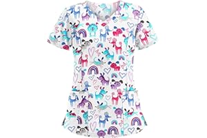 ODEUIAOD Womens Scrub Tops Fashion Printed Work Uniform T-Shirt V Neck Short Sleeve Nurse Tops Tunic Blouse with Pocket