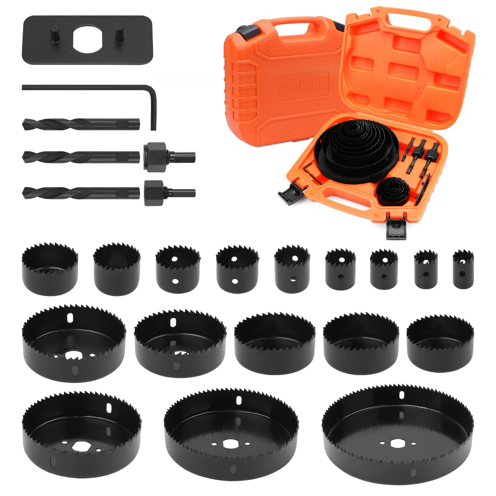 Photo 1 of HORUSDY Hole Saw Set 24PCS Hole Saw Kit,Hole Saw Drill Bit Kit, 3/4"-6" (19-152mm) 17PCS Saw Blades, 2 Mandrels, 3 Drill Bit, Installation Plate, Hex Key, For Drywall, Soft Wood, Plywood, Plastic, PVC
