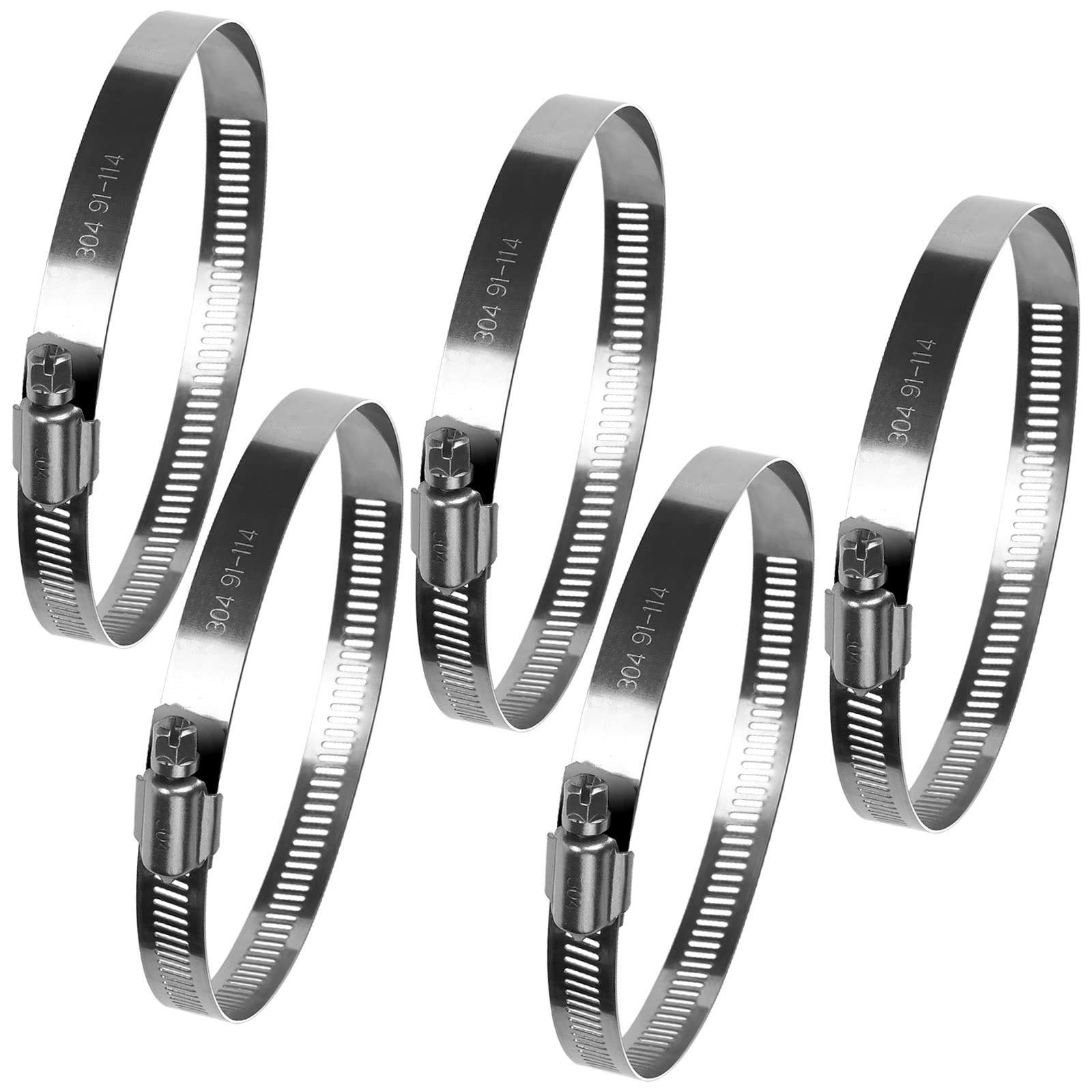 drado Jubilee Hose Clips 91-114mm Stainless Steel Pipe Clamps, 5 Pack Worm Drive Hose Clips, Silver
