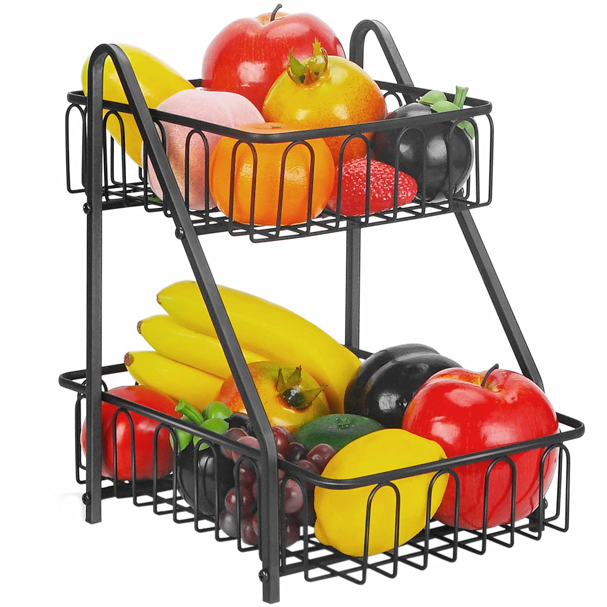 Lekind 2-Tier Fruit Rack Fruit Basket Fruit Bowl with Banana Hanger Kitchen Countertop Veg Rack Storage Basket Storage Shelf for Fruit Vegetables Eggs Breads Snacks,Black