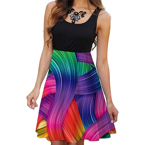 Women's Vintage Scoop Neck Midi Dress Sleeveless Summer Casual Elegant Sundress Floral Printed A-Line Dress