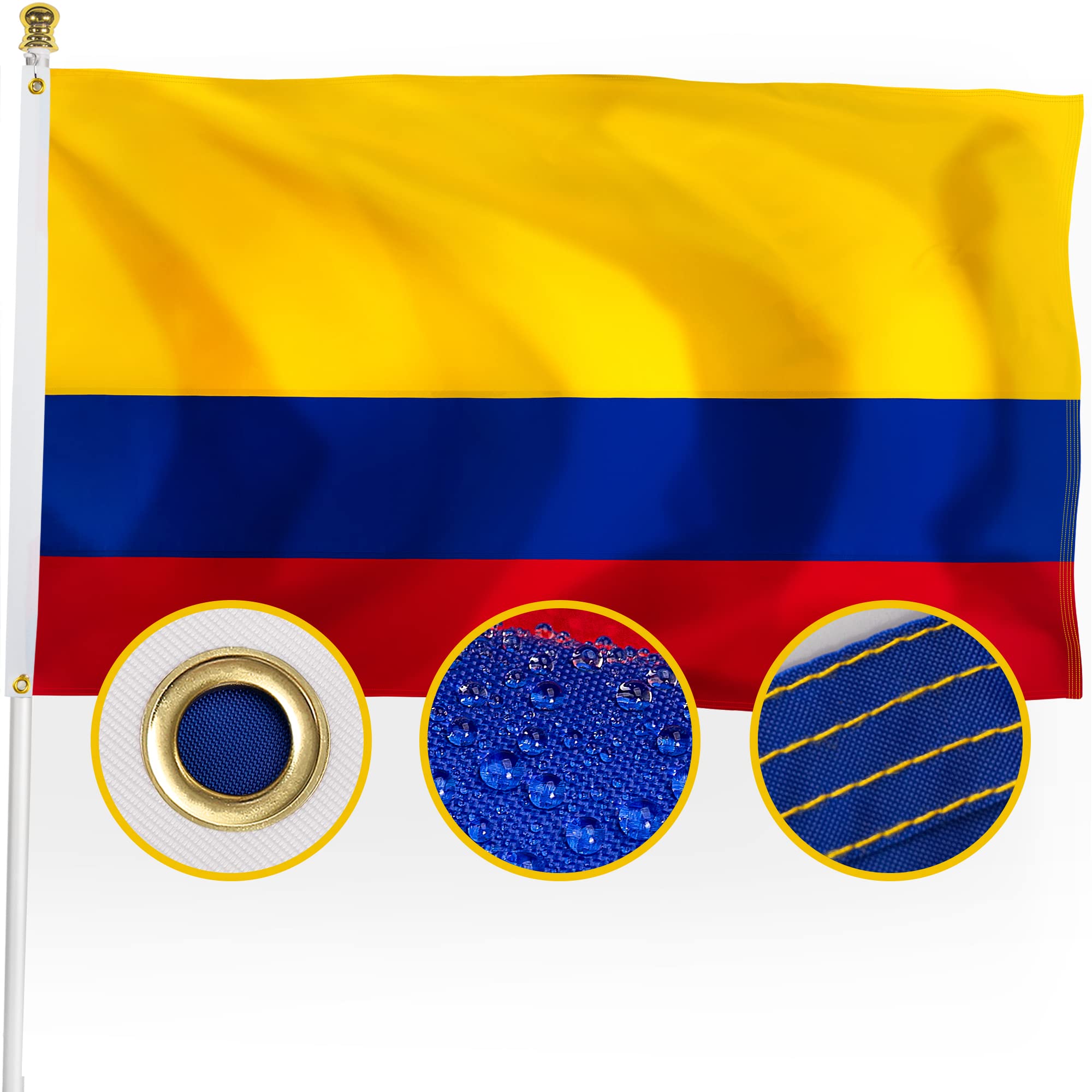 Photo 1 of XIFAN Premium Nylon Colombia Colombian Flag 3x5 Outdoor, Double Sided Heavy Duty 210D Nylon Colombian National Country Flags, Longest Lasting with Sewn Stripes/4 Stitch Hemming/Brass Grommets