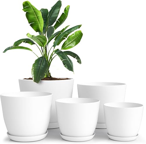 Plant Pots Indoor with Drainage, 5 Pack Multi-Size Planters Set, White | Drainage holes included Multiple sizes 7/6.6/6/5.3/4.8 In Indoor plants and flowers Durable plastic construction