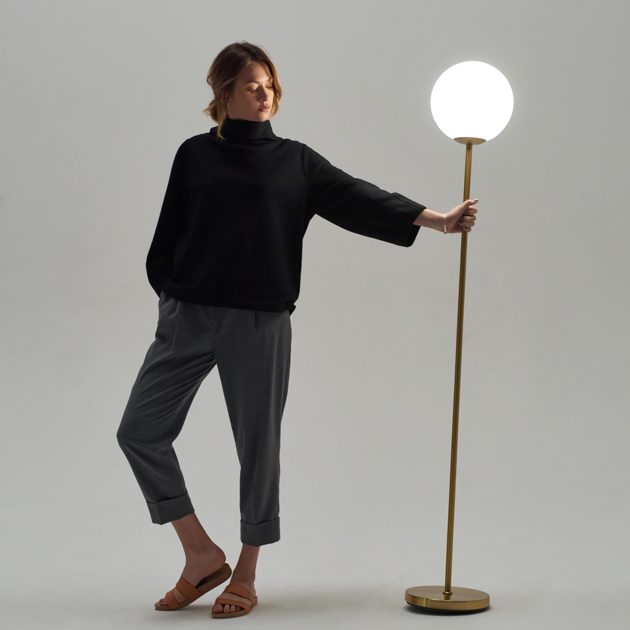 Brightech Luna LED Floor lamp, Modern Lamp for Living Rooms & Offices, Great Living Room Décor, Tall Lamp with Frosted Glass Globe, Mid Century Standing Lamp for Bedroom Reading - Brass/Gold