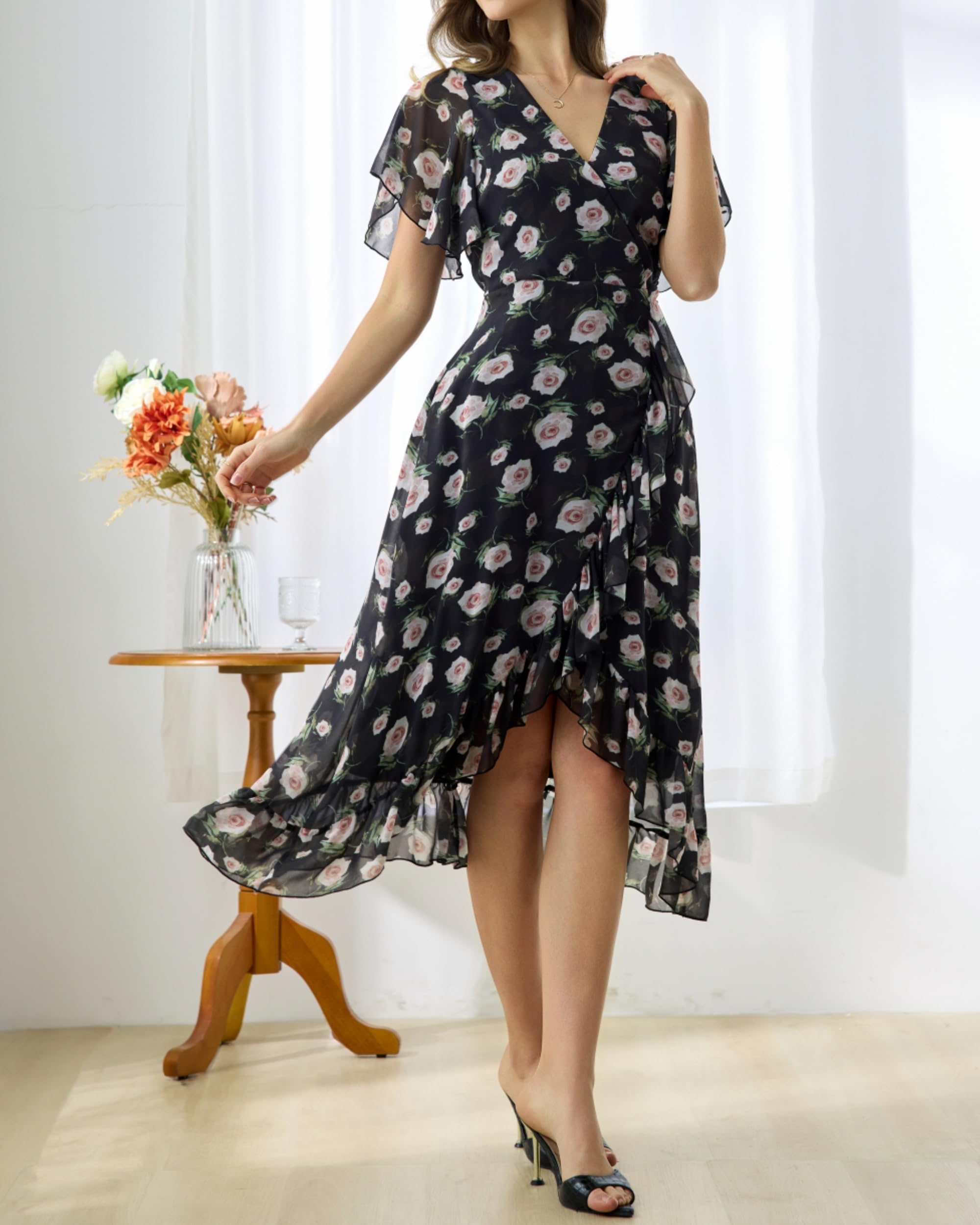 Condition photo showing New/Like New for wrap dresses for women 2026 chiffon v neck ruffle cocktail wedding dress | flutter sleeve,asymmetrical hem,baby shower guest dresses,semi formal,high rise,back zipper,elastic,midi,elegant,summer x-large black floral