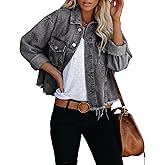 LONGBIDA Women's Jean Jacket Frayed Washed Button Up Cropped Denim Jacket With Pockets