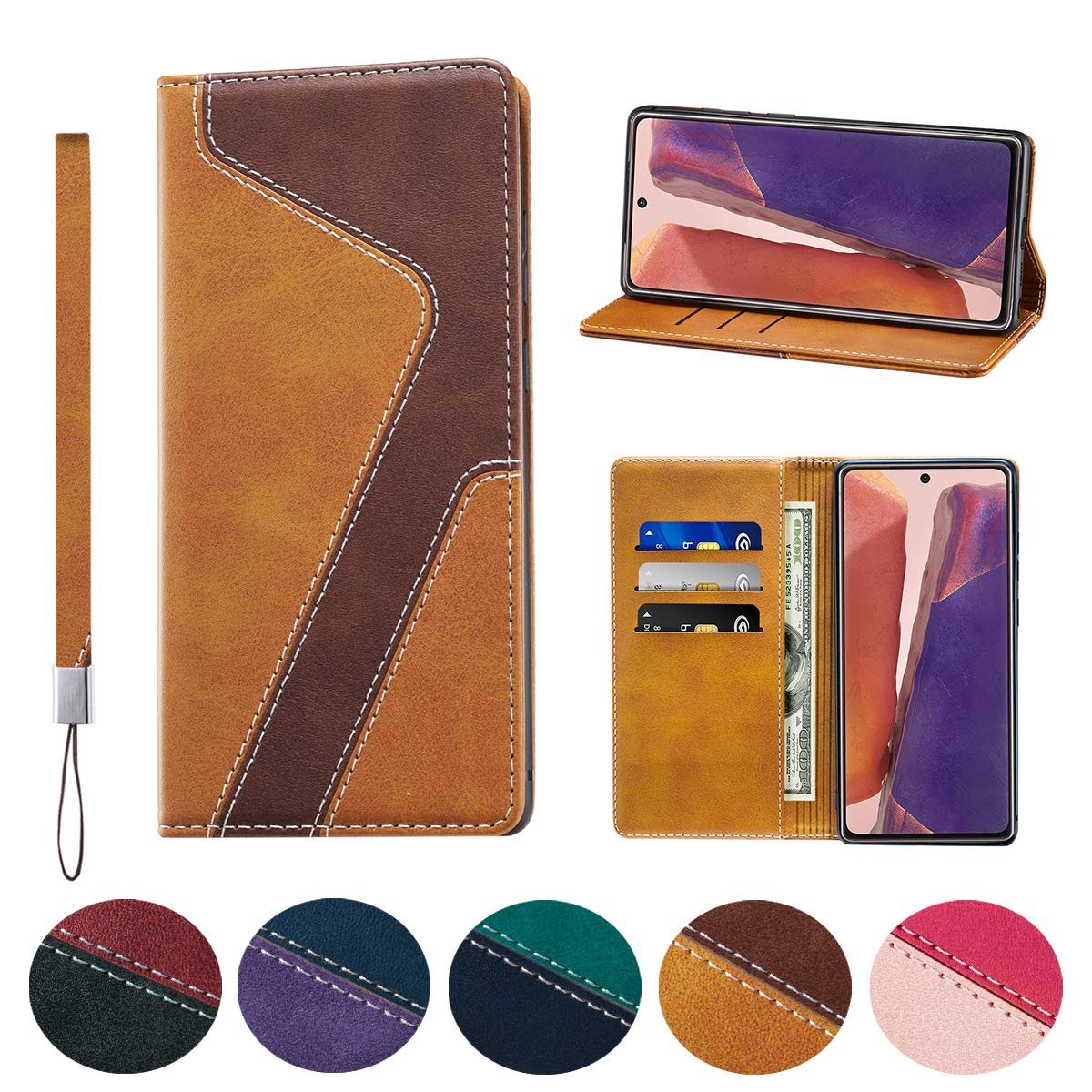 Huping Samsung Note 20 Case, Leather Color Contrast Style Wallet Case with Card Holder Shockproof Flip Stand Cover For Samsung Galaxy Note 20 - Khaki + dark brown