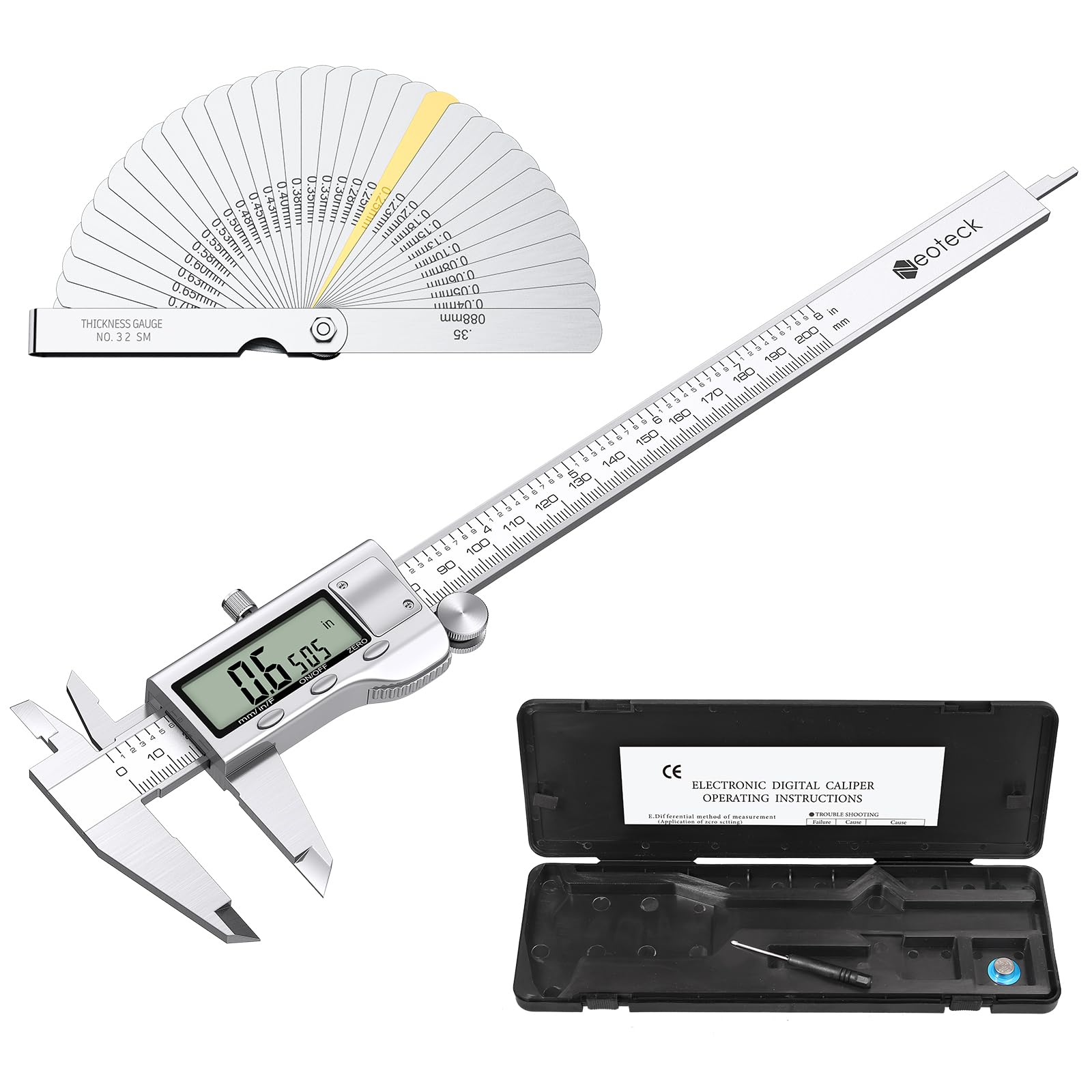 Neoteck 200mm/8 inch Digital Vernier Caliper and Feeler Gauge Set Stainless Steel Electronic Caliper Fractions/Inch/Metric Conversion Measuring Tool