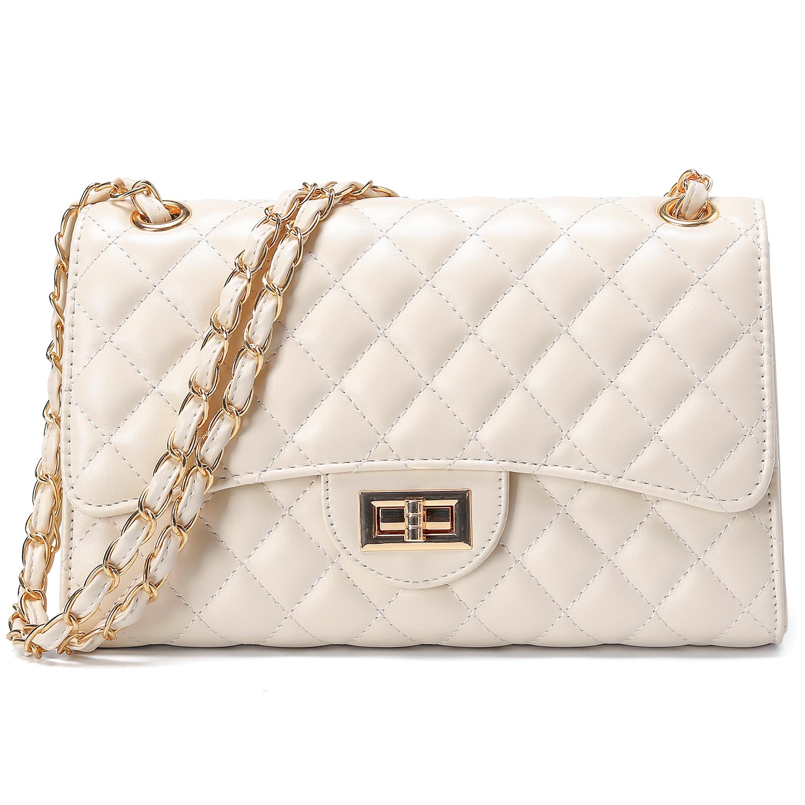 Photo 1 of DIUY Quilted Leather Crossbody Bags for Women Trendy Ladies Shoulder Purse Satchel HandBag with Chain Strap, Beige