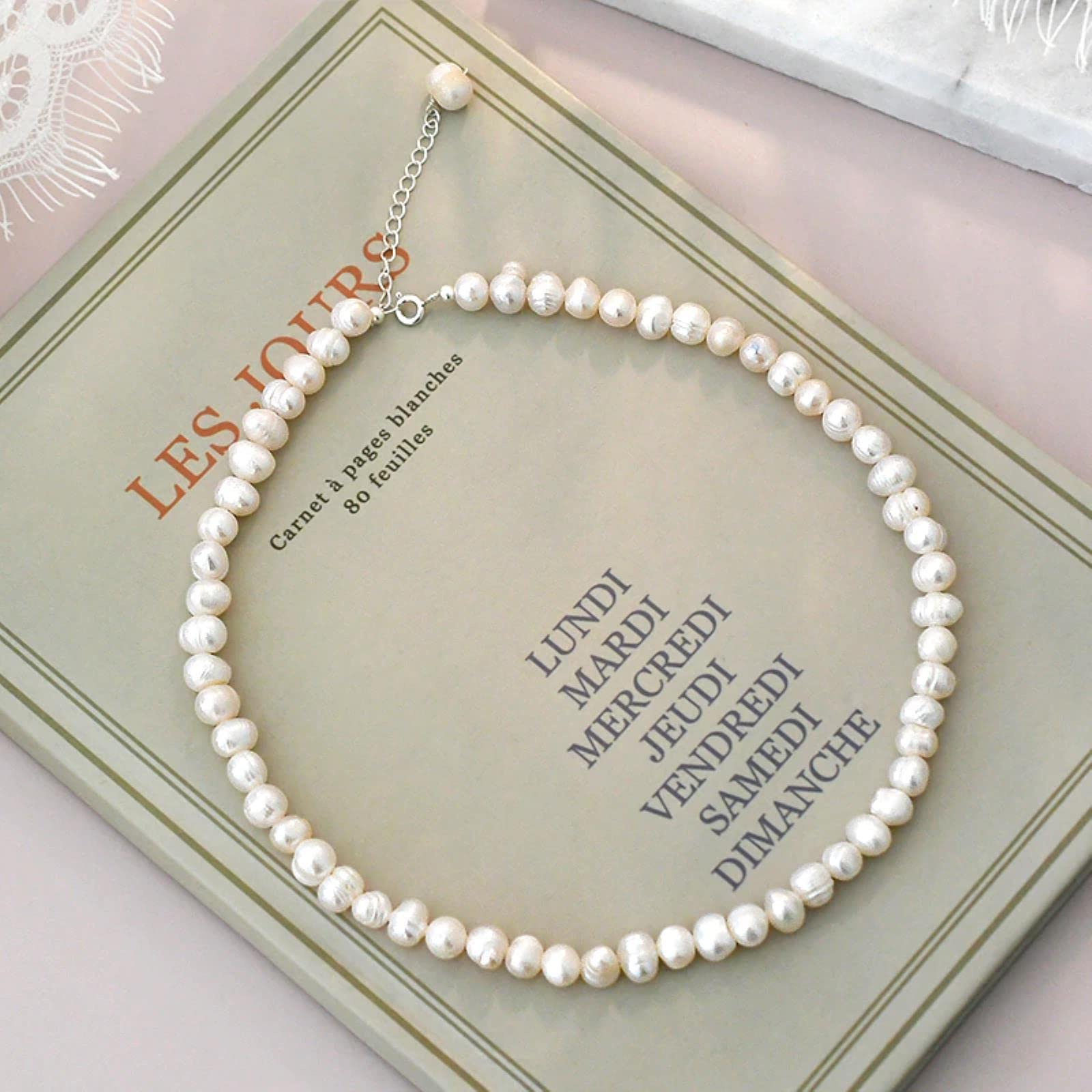 DAOMEI 6-7mm Natural Freshwater Pearl Chokers Necklace 925 Sterling Silver Jewelry For Women Gift, 36cm