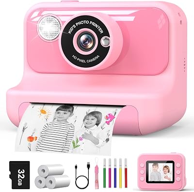 Hangrui Kids Camera Instant Print 2.4 Inch 1080P 32GB Card Pink