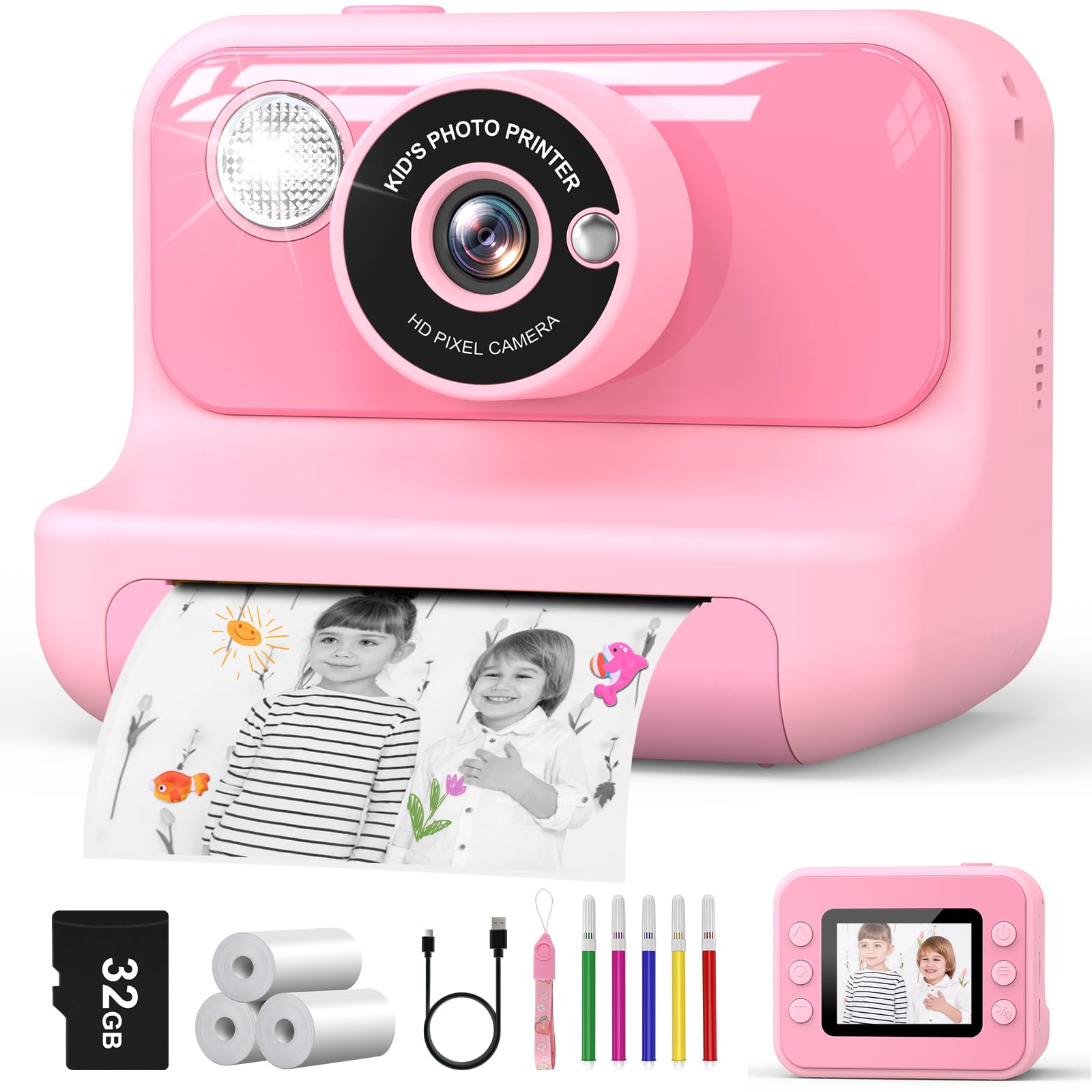 Hangrui Kids Camera Instant Print, 2.4'' Instant Camera for Kids, 1080P Children Cameras with 32GB Card & 3 Rolls Photo Paper, Christmas Birthday Gifts Toys for Girls & Boys Aged 3-12 -Pink — image 1