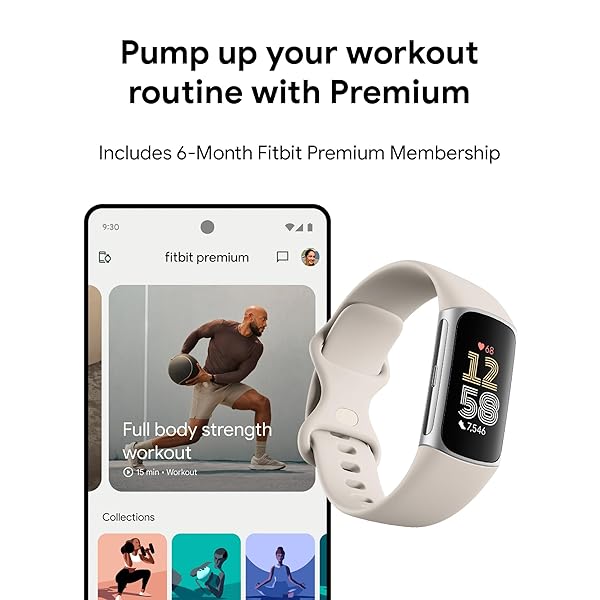 FITBIT CHARGE 6 FITNESS TRACKER WITH GOOGLE APPS, HEART RATE ON EXERCISE EQUIPMENT, 6-MONTHS PREMIUM MEMBERSHIP INCLUDED, GPS, HEALTH TOOLS AND MORE, PORCELAIN/SILVER, ONE SIZE (S & L BANDS INCLUDED)