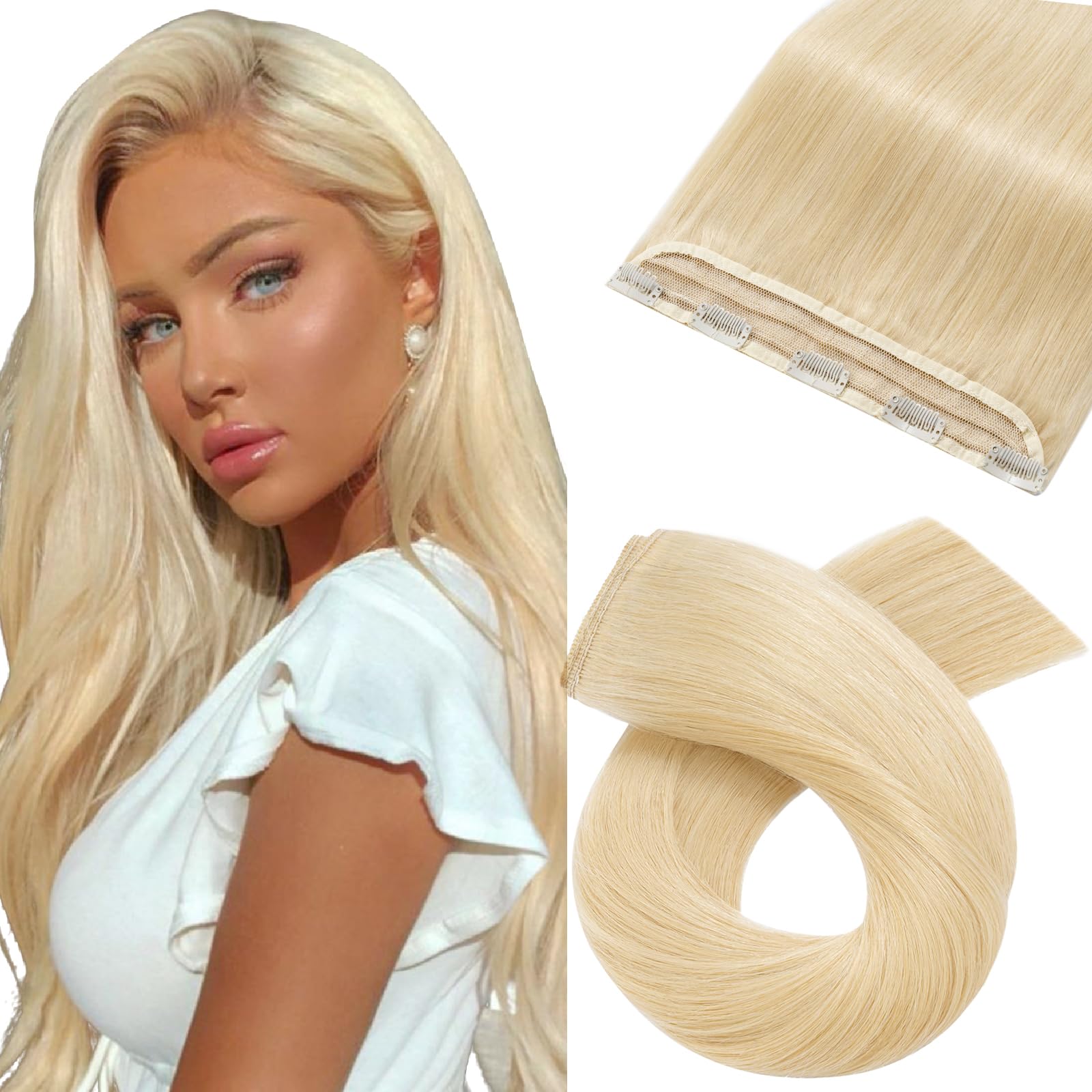 14inch One Piece Clip in Real Hair Extensions 100% Remy Human Hair (75g, #613 Bleach Blonde) 3/4 Full Head Thick Straight