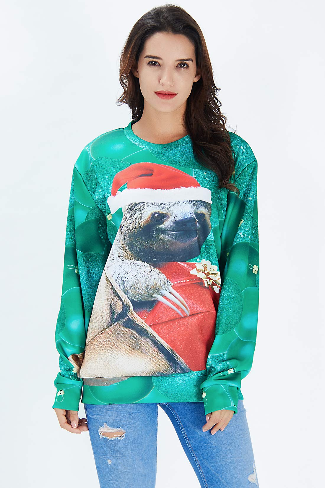 Loveternal 3D Printed Sloth Sweater Christmas Green Pullover Sweatshirts Blouse Shirt for Men Women XL