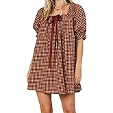 Women Gingham Short Dress Puff Sleeve Bow Tie Square Neck Plaid A-Line Babydoll Mini Dress
