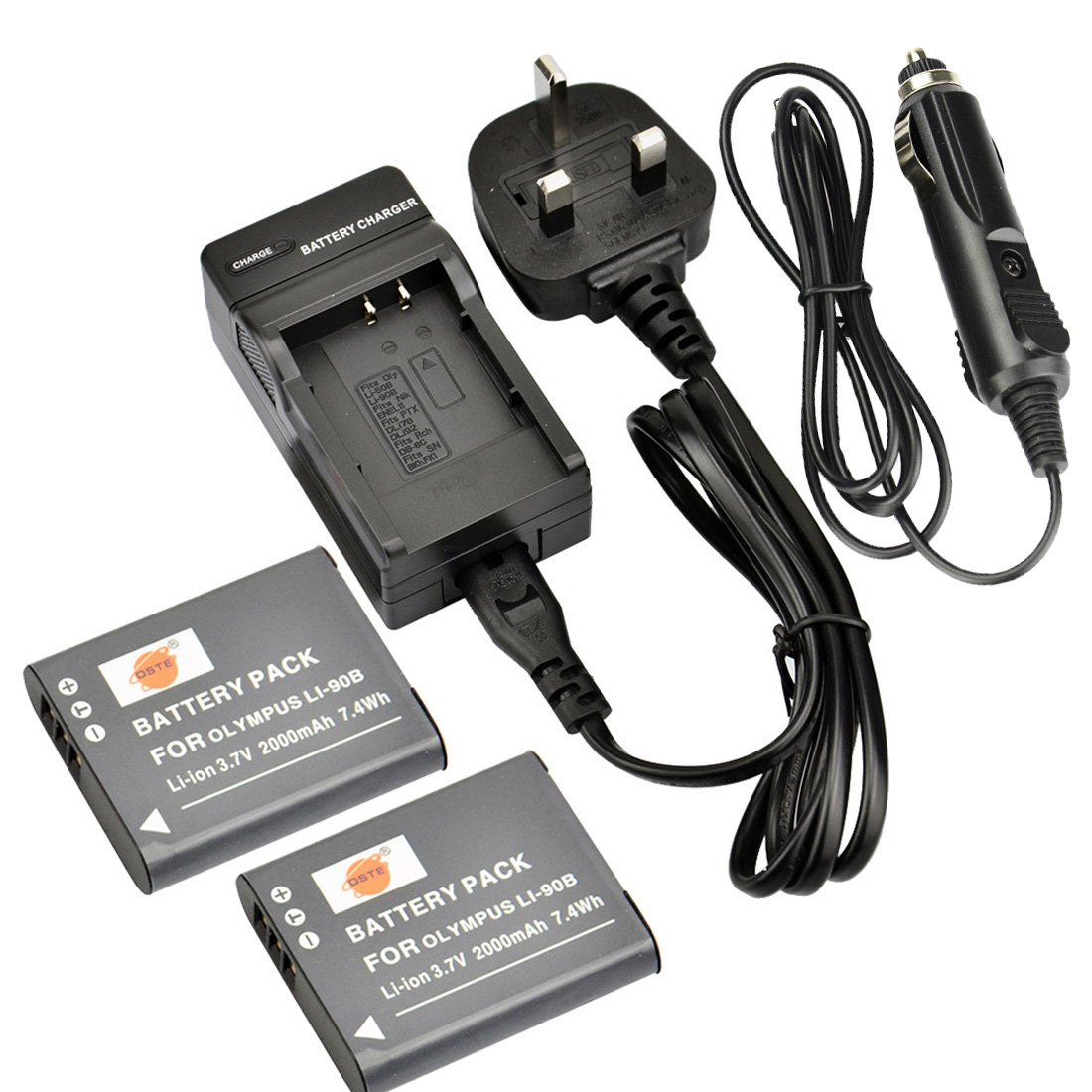 DSTE® 2x Li-90B Rechargeable Li-ion Battery + DC16U Travel and Car Charger Adapter for Olympus Tough TG-1 TG-2 TG-3 SH-1 SH-50 SH-60 SP-100 XZ-2 iHS Digital Camera as Li-92B