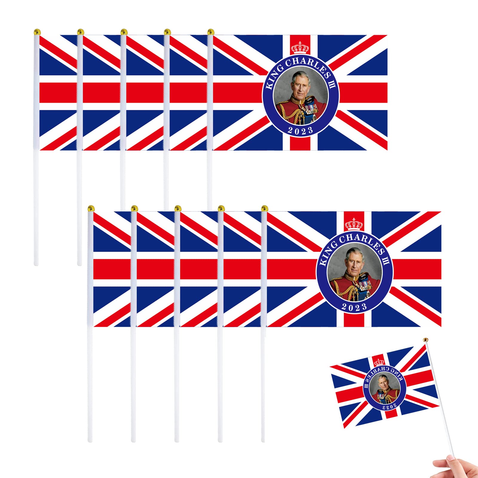 10P King Charles III Union Jack Coronation Souvenir Flags Handheld Small Flag,King Charles the Third Flags On Sticks,Mini Flags for Coronation Street Party National Royal Party Sporting Events