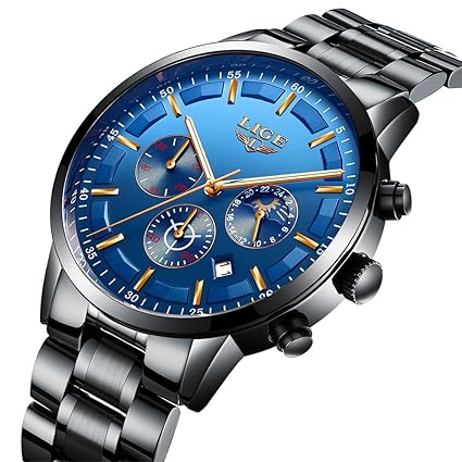Renfa Mens Business Quartz Watch Classic Blue Dial Waterproof 24-Hour Chronograph Casual Wrist Watches for Men
