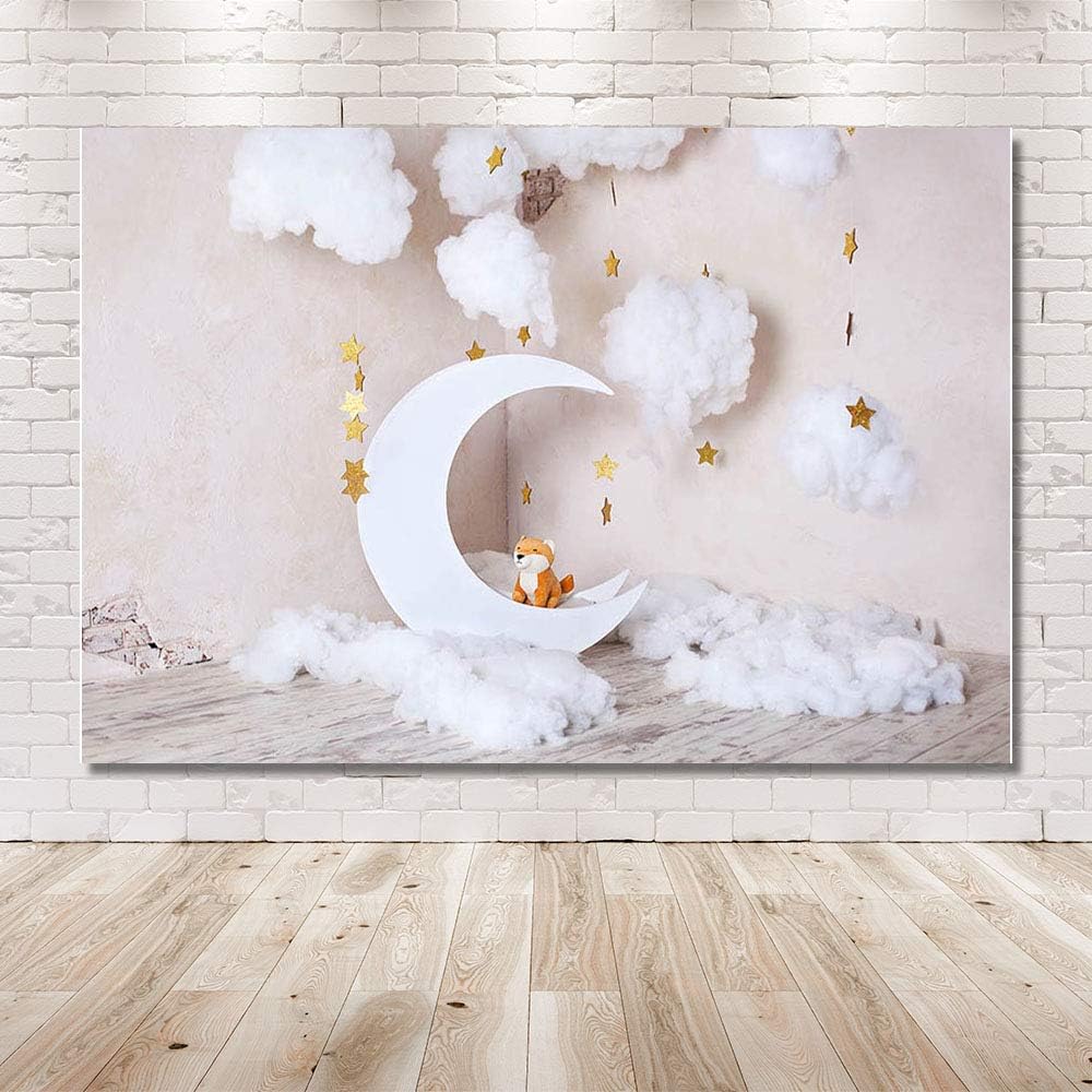 MEHOFOND 7x5ft White Moon Gold Star Photography Backdrop for Children Grey White Cloud Newborn Baby Photo Shoot Boy Girl Birthday Backdrop Banner Cake Smash Studio Photo Props - Image 4