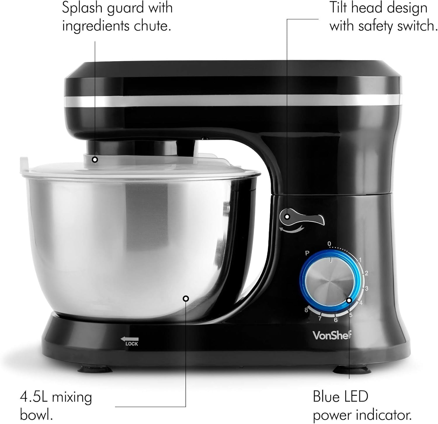 VonShef Black Stand Mixer 1000W, Electric Stand Mixers for Baking 8 Speed Standing Food Mixer with Splash Guard - Image 5